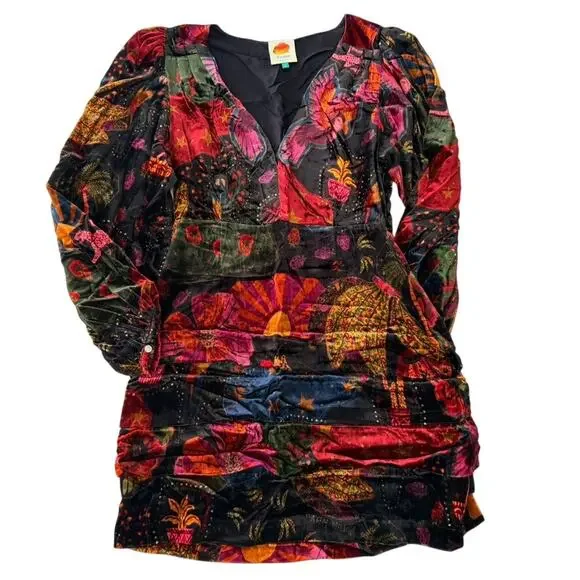 FARM Rio Crazy Mix Velvet Dress Size Medium V-Neck Long Sleeve Party Night Out - Picture 2 of 11
